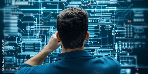 An individual intensely traces a digital circuit blueprint, emphasizing a deep focus on technology and its intricate network, symbolizing innovation and precision. photo