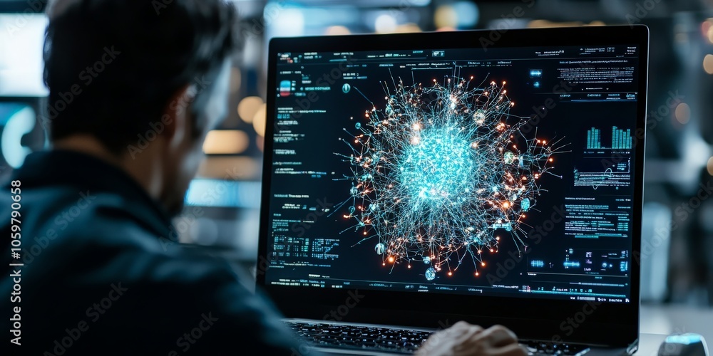 Fototapeta premium A person observing a vibrant, complex digital network on a laptop screen, showcasing data visualization, artificial intelligence, and modern technology insights.