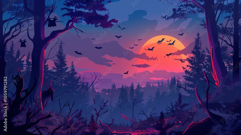 Haunted Nightscape: A Dark Forest Filled with Bats Beneath a Glowing Full Moon Haunted Nightscape: A Dark Forest Filled with Bats Beneath a Glowing Full Moon