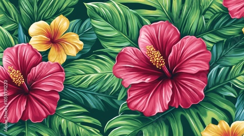 Wallpaper Mural Vibrant Tropical Hibiscus and Palm Leaves Design Torontodigital.ca