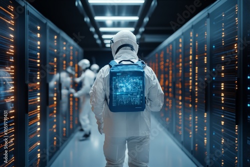 An astronaut-like figure in a server room, wearing a high-tech backpack with a digital display, signifies exploration, space-age tech, and connectivity advances. photo