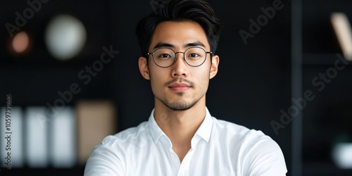 A confident man wearing glasses stands with crossed arms in a modern indoor setting, highlighting a sense of assurance and professionalism in the workplace. photo