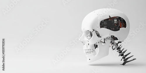 A robotic skull with exposed circuitry reveals a blend of artificial intelligence and human anatomy, symbolizing the fusion of technology and human evolution.