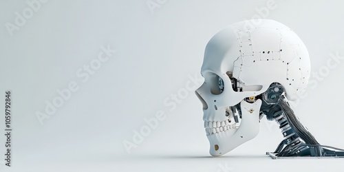 The image showcases a futuristic robotic skull on a plain background, symbolizing the intersection of advanced technology and human evolution in a sleek design.