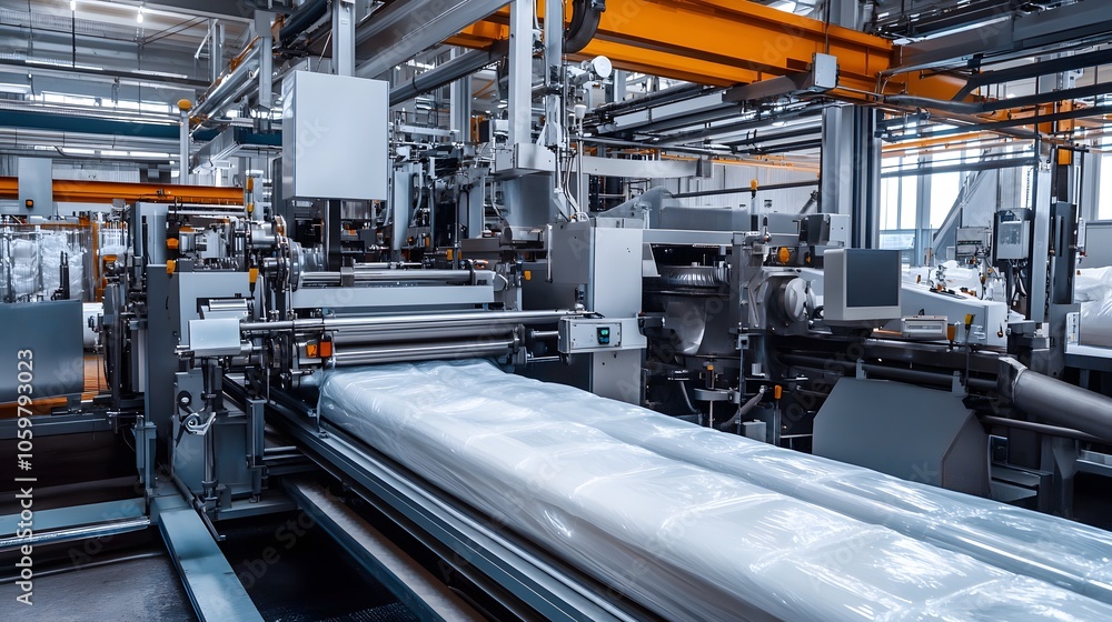 Fototapeta premium A powerful machine in the petrochemical industry, producing plastic bags from raw materials with precise control of temperature and pressure in the extrusion process.