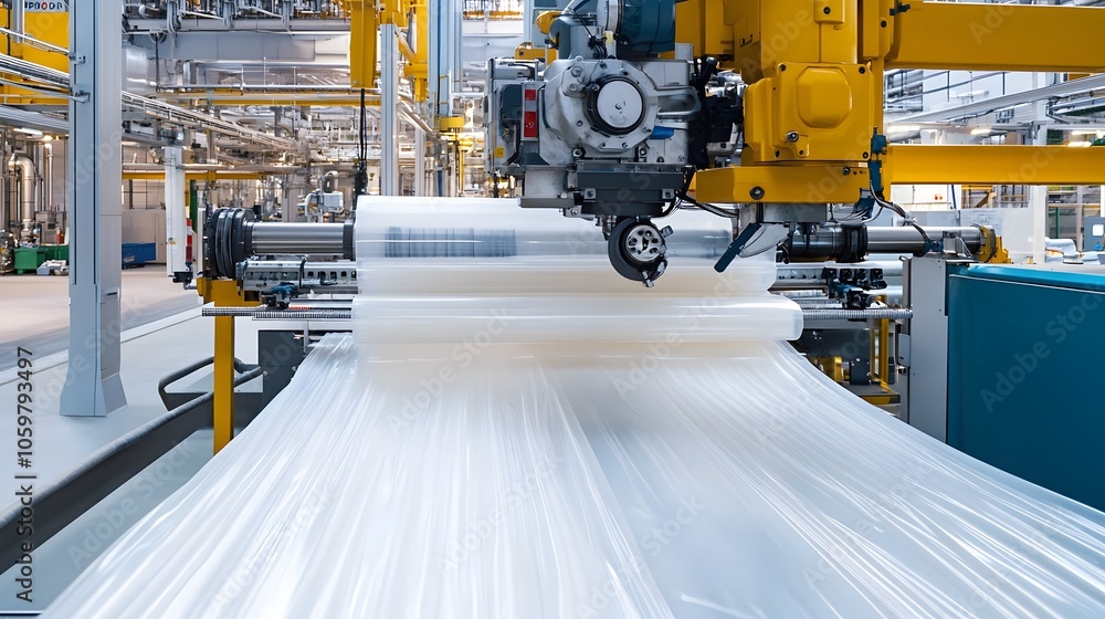 The plastic extrusion process in a petrochemical facility, with a high-performance machine forming bags from thin polymer sheets at incredible speed.