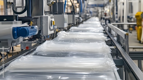 The assembly line of plastic bags in a petrochemical plant, where industrial machines work continuously to cut, seal, and package the final products.