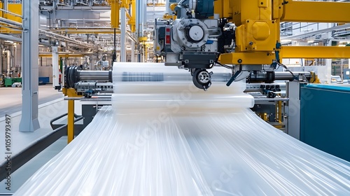 Obraz na płótnie The plastic extrusion process in a petrochemical facility, with a high-performance machine forming bags from thin polymer sheets at incredible speed. w salonie