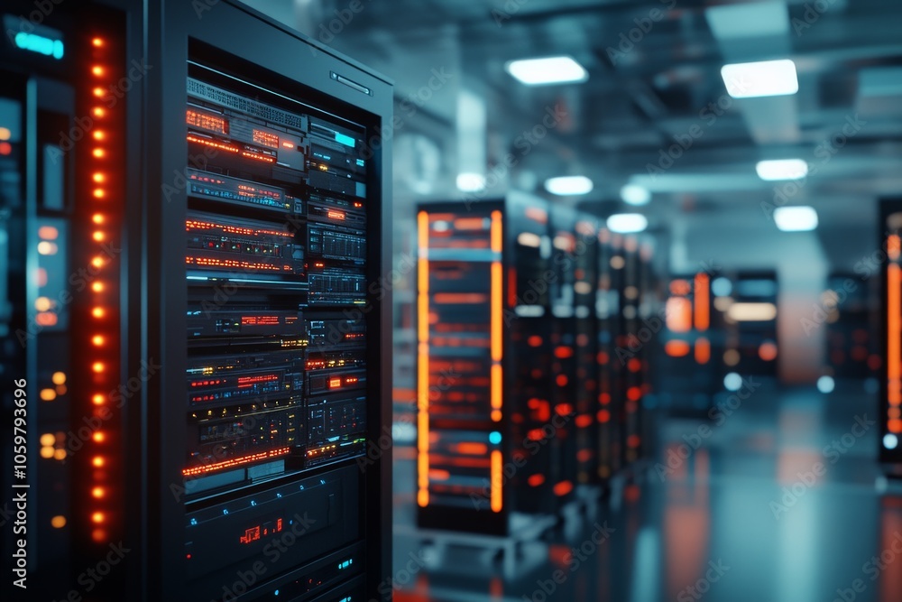 Fototapeta premium A high-tech data center is filled with illuminated server units, exuding an ambiance of cutting-edge technology and efficient data management, featuring vibrant colors.
