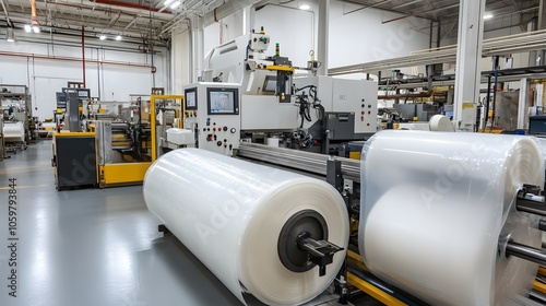 An automated plastic bag manufacturing machine, processing large rolls of polymer and turning them into precision-cut bags in a high-tech industrial environment.