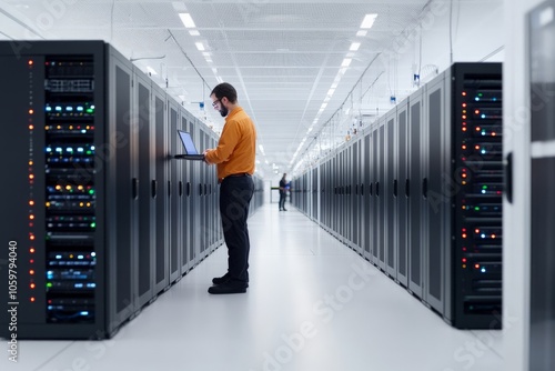 A technician working on a laptop stands between tall server racks in a pristine white data center, symbolizing efficiency and data management.