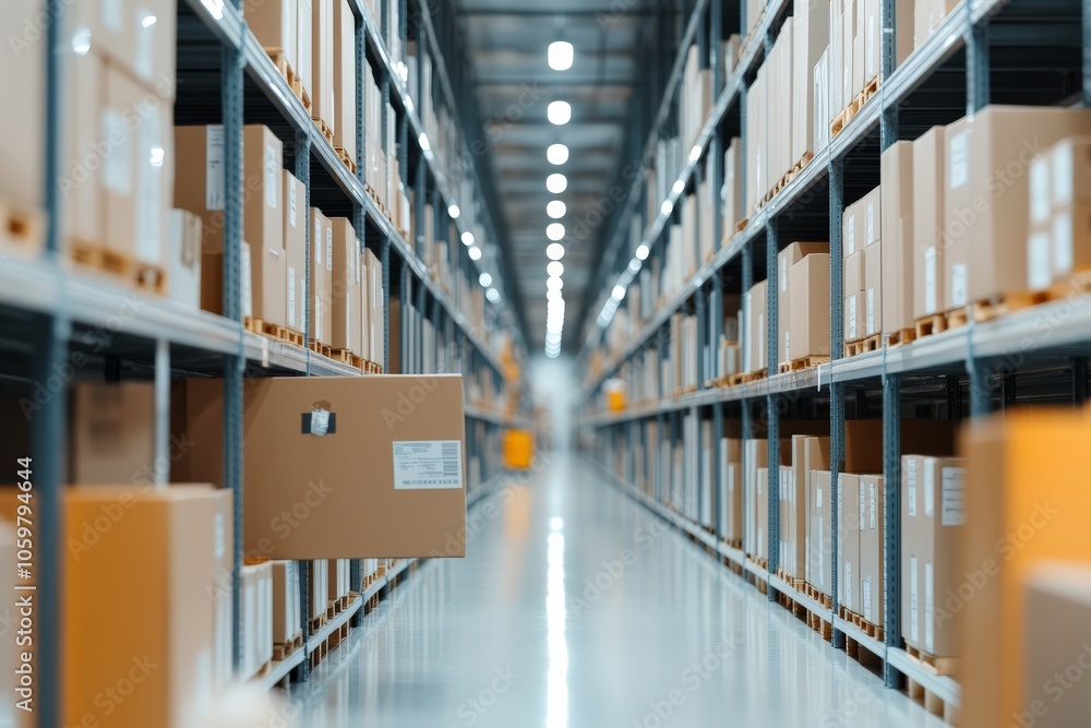 Obraz premium This image depicts an organized warehouse aisle with neatly arranged boxes, representing logistics, storage, efficiency, and modern supply chain management practices.
