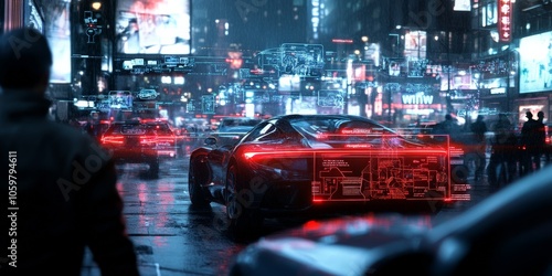 A high-tech car drives through a neon-lit street, with digital interfaces hovering above in the rain, representing future automotive technology and urban landscapes. photo