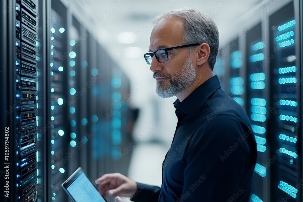 Fototapeta premium A technician with glasses examines a server rack using a tablet device, emphasizing the integration of technology and hands-on expertise within a controlled data center.