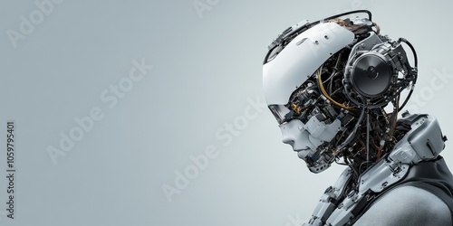 A profile view of a highly detailed humanoid robot, showcasing the intricate mechanical and technological design, representing the epitome of modern robotics. photo