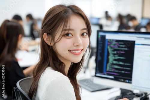 A woman with long hair smiles while coding on a computer in a spacious, modern office environment, reflecting dedication and professionalism in her work. Free Download A woman with long hair smiles while coding on a computer in a spacious, modern office environment, reflecting dedication and professionalism in her work. - GFXLoad
