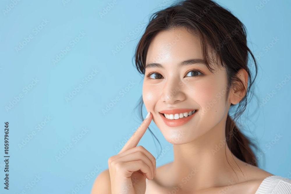 Japanese Woman Smiling and Pointing to Face, Blue Background, Skin Care Concept Japanese Woman Smiling and Pointing to Face, Blue Background, Skin Care Concept