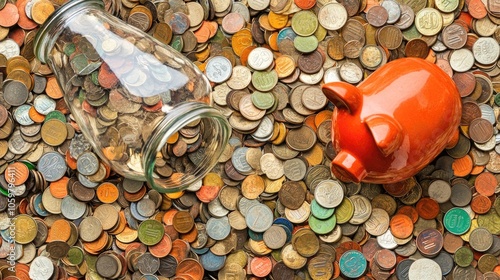 Coin Jar and Piggy Bank on a Surface Full of Coins photo