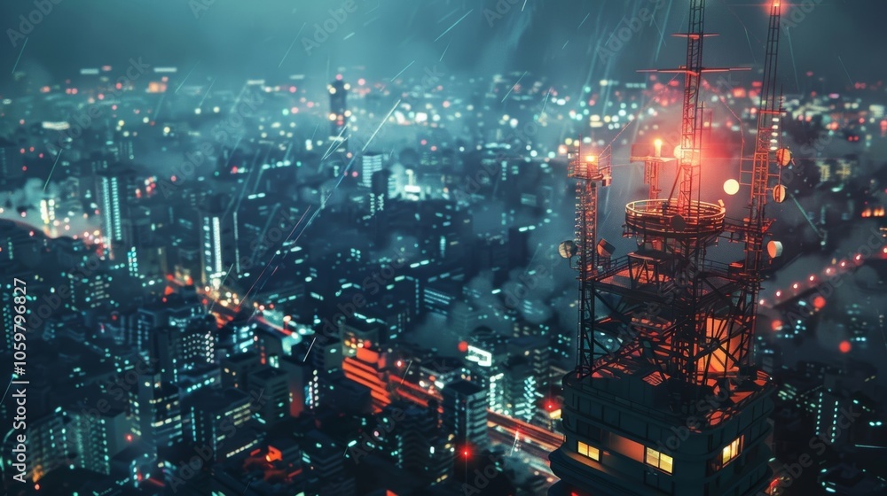Fototapeta premium A birds eye view of a 5G tower rising above a cityscape its bright lights shining like a beacon in the night.