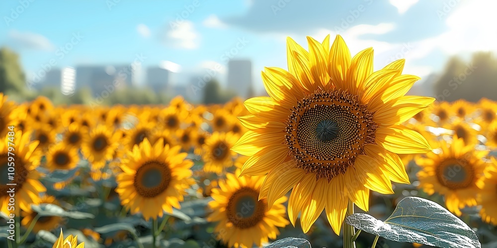 Fototapeta premium A vibrant close-up of a single sunflower, showcasing its bright yellow petals and intricate center, surrounded by a field of sunflowers with a soft city skyline in the background.