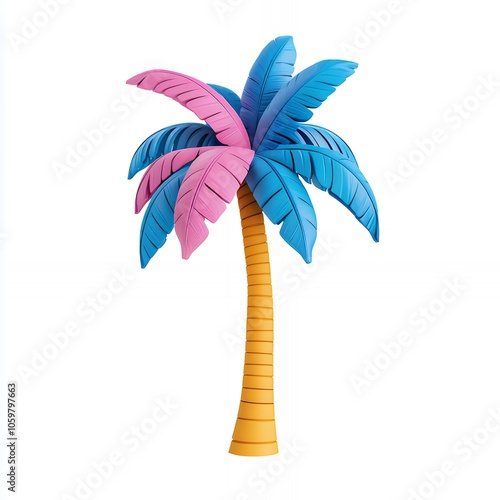 A 3D rendering of a colorful palm tree with blue and pink leaves and a yellow trunk isolated on a white background. photo