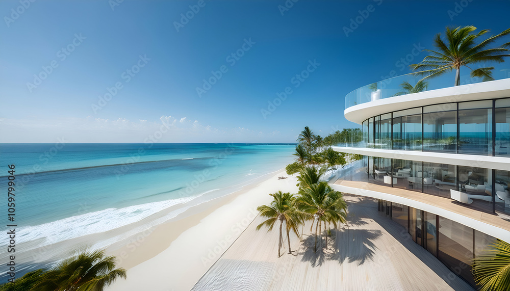Fototapeta premium beach resort.Luxurious oceanfront hotel with transparent terraces, sleek architecture, and views of a white sandy beach and swaying palm trees