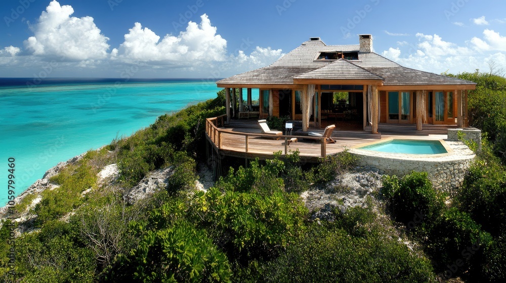 Obraz premium Serene Coastal Villa Overlooking Crystal Clear Waters