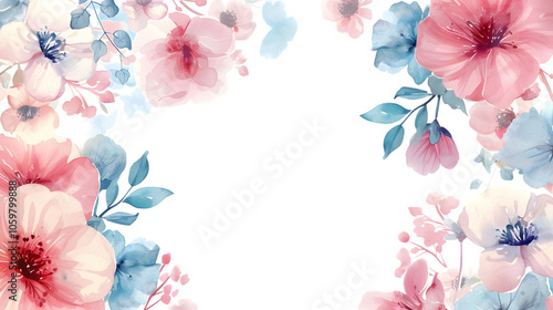 Watercolor pastel flower decorative frame border, isolated on white background