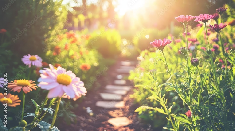 Fototapeta premium Enchanting garden path, a journey through vibrant blossoms and lush greenery tranquil