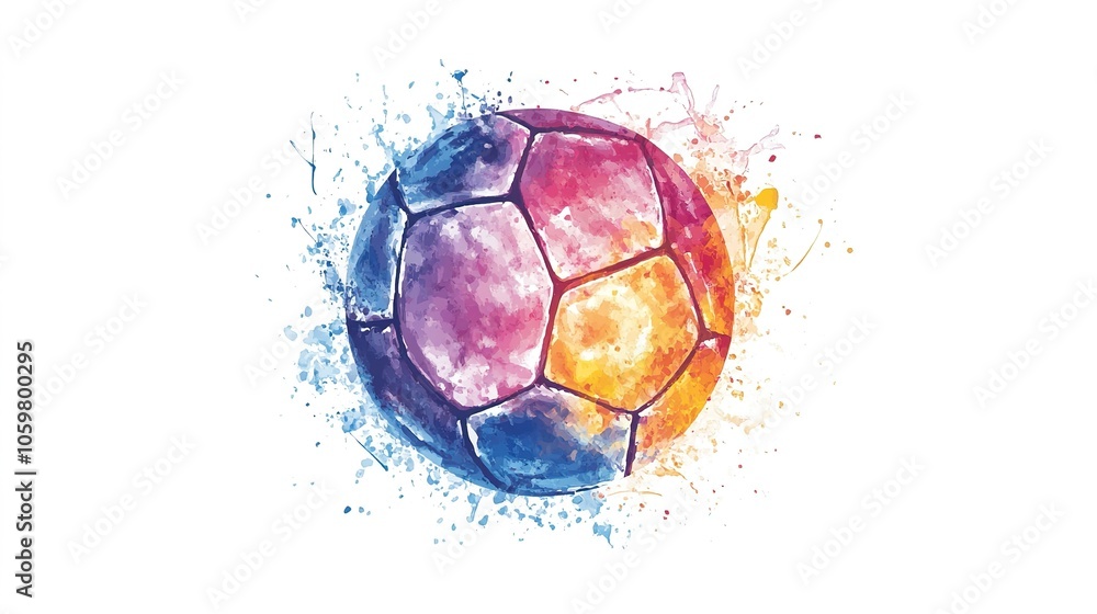 Naklejka premium A playful cartoon-style illustration of a ball in watercolor, set against a clean white background, featuring bright and vibrant colors, capturing the essence of fun and simplicity