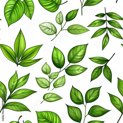Seamless Botanical Green Leaves Pattern with Various Shades of Fresh Green Leaf Illustrations, Set Against a White Background, Natural and Organic Design for Wallpaper, Fabric, and Gift Wrap