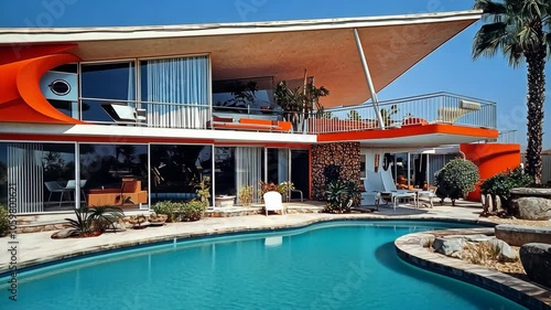 A modern, mid-century home with a bright orange facade and a large swimming pool, located in a desert climate