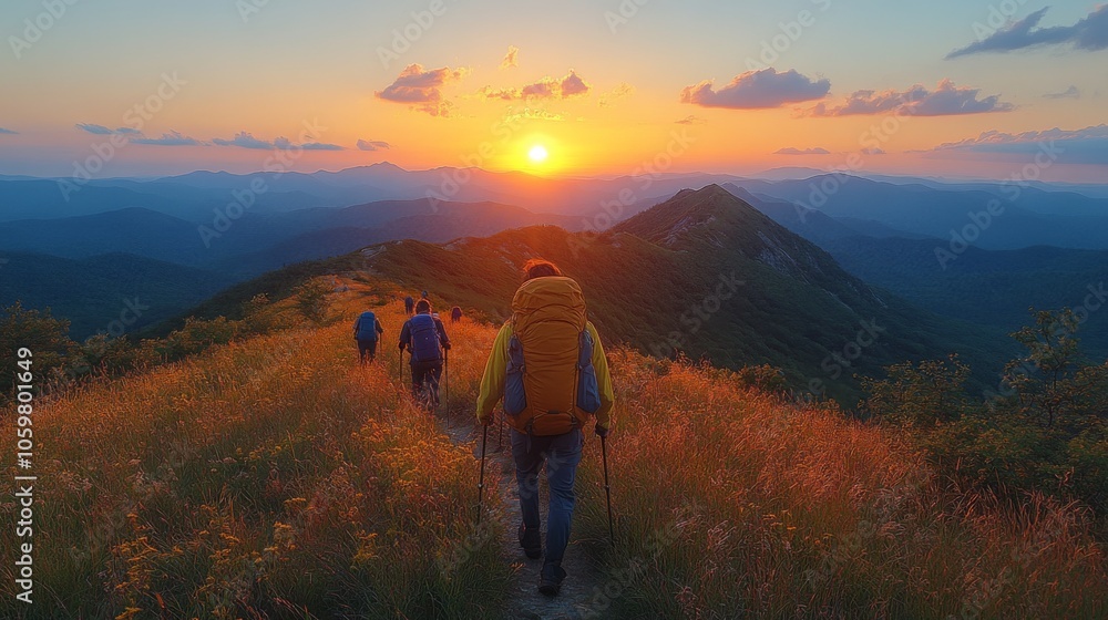 Obraz premium A group of hikers makes their way along a mountain path, surrounded by lush grass and rolling hills, as the sun sets in a colorful sky. The moment showcases nature's tranquility.