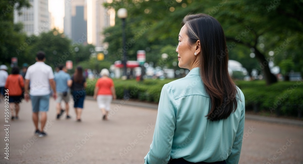 Fototapeta premium Asian Middle Aged Woman with Long Hair in Blouse at Flower Field Back View Portrait