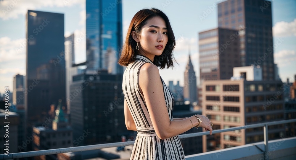 Fototapeta premium Asian Young Woman with Medium Hair in Stylish Dress at City Rooftop Back View Portrait
