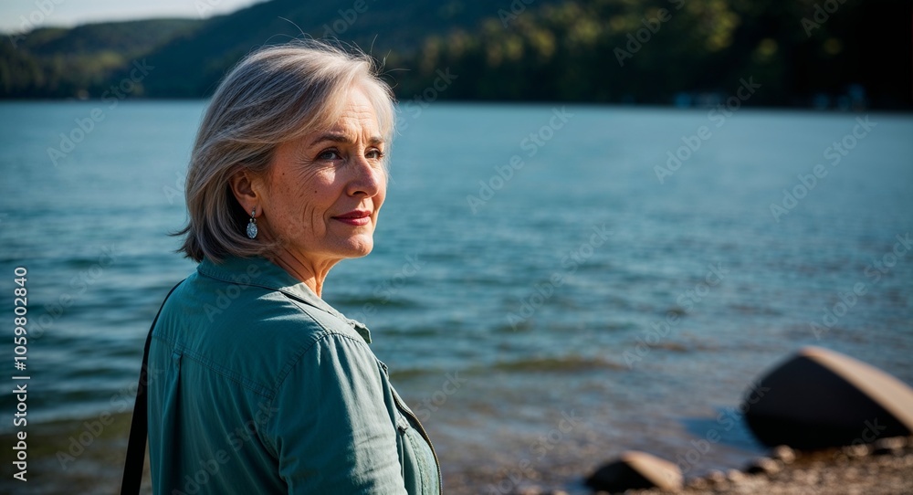 Fototapeta premium Caucasian Middle Aged Woman with Medium Hair in Casual Outfit at Lake Shore Back View Portrait
