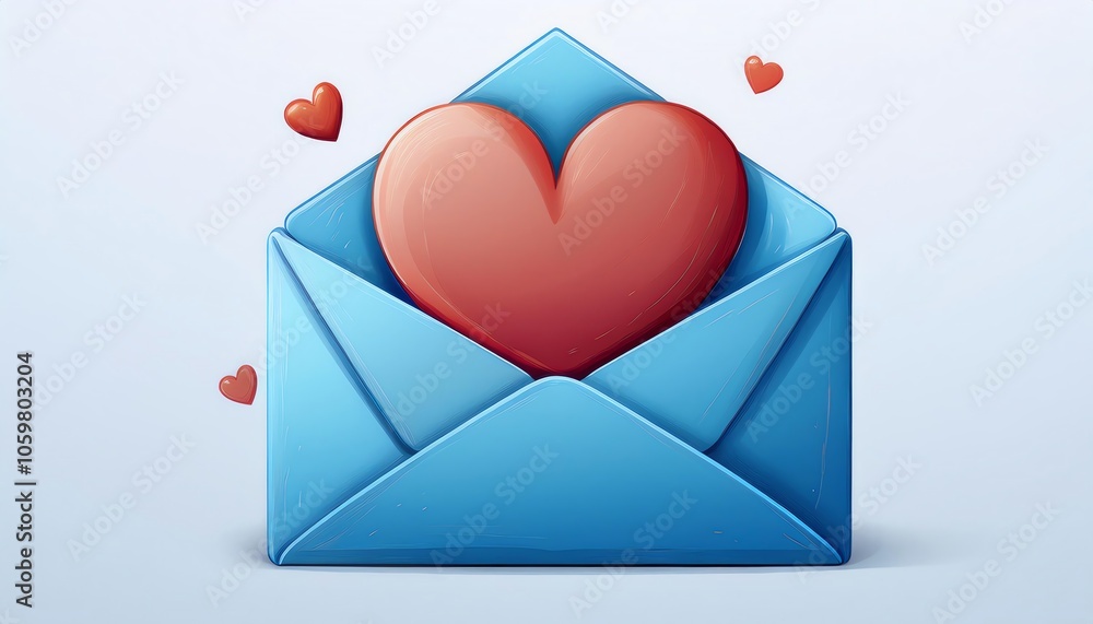 A colorful blue envelope with a red heart inside, surrounded by smaller hearts, symbolizing love and affection in a playful design. A colorful blue envelope with a red heart inside, surrounded by smaller hearts, symbolizing love and affection in a playful design.