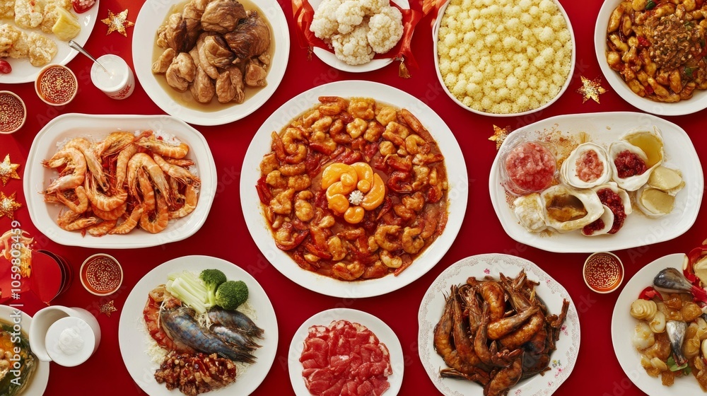 Table set with delicious dishes, colorful salads, roasted meats, fresh bread, and glasses of wine. Table set with delicious dishes, colorful salads, roasted meats, fresh bread, and glasses of wine.