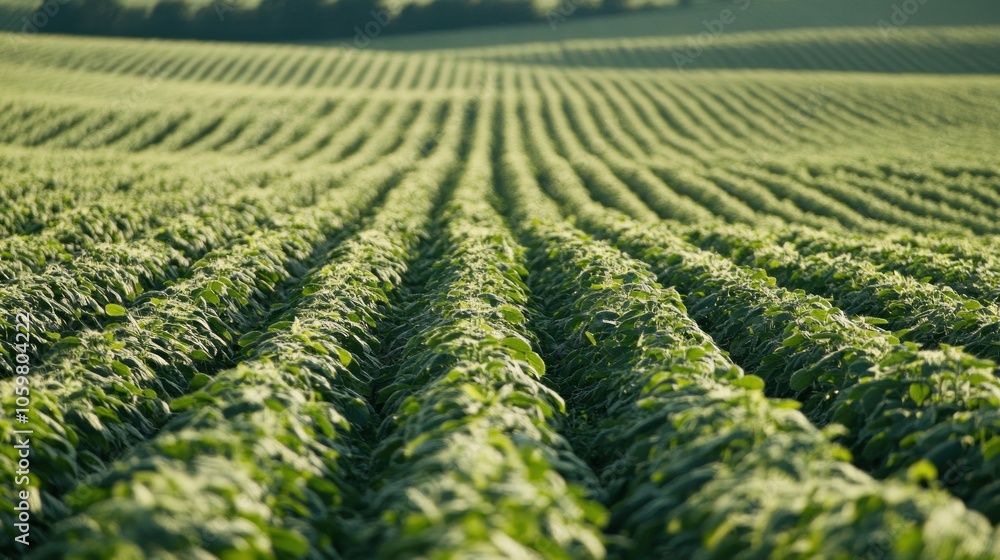 Fototapeta premium Rows of lush green crops growing in a large field. Agriculture and farming concept