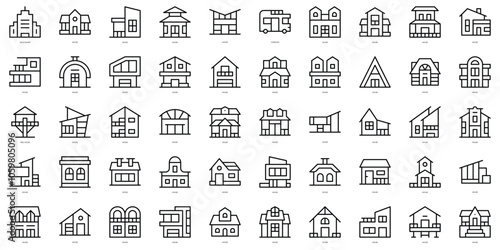 Set of simple outline type of houses Icons. Thin line art icons pack. Vector illustration