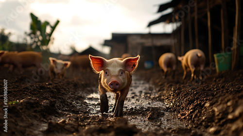 Pig walking through muddy farm area during sunset. photo