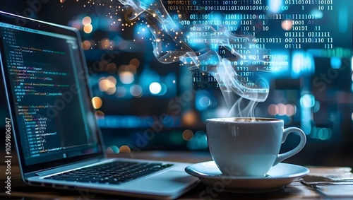 A coffee cup next to a laptop, with digital binary code floating up like steam from the coffee
