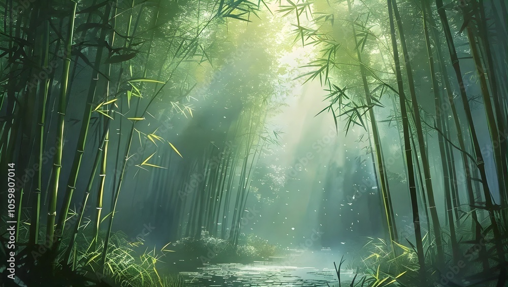 Obraz premium A tranquil bamboo forest with towering green stalks reaching high toward a softly glowing light source