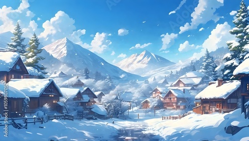 A quiet village nestled in snowy mountains, with snow-covered rooftops and trees blanketed in white