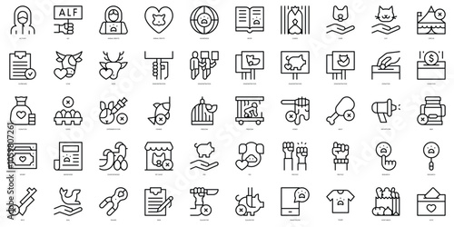 Set of thin line defense of animal rights Icons. Vector illustration