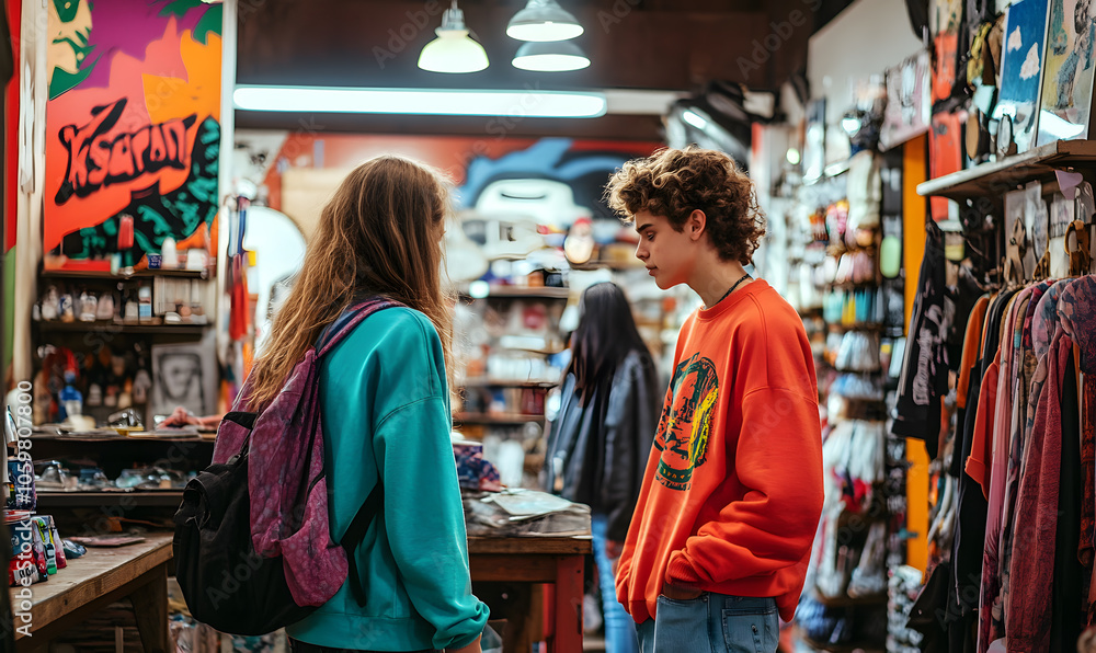 Obraz premium Teen and Family Shopping Adventures in Vibrant Markets and Urban Settings, Candid Moments in Diverse Locations