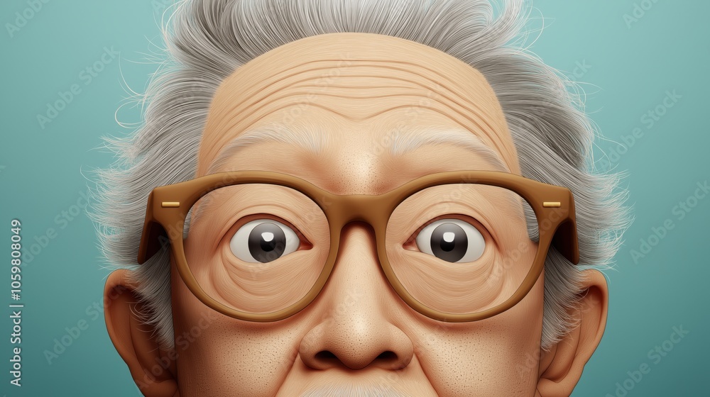 Close-up of a 3D animated elderly person with large glasses and gray hair against a teal background