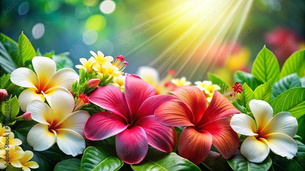 Obraz premium A vibrant display of tropical blooms bathed in radiant sunlight, showcasing the delicate beauty of nature's artistry.