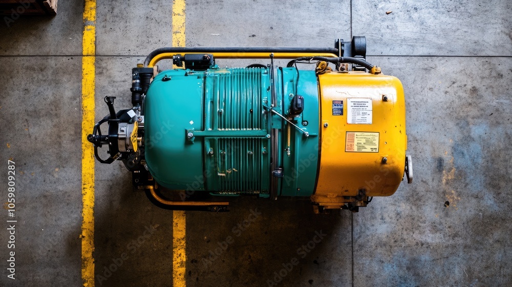 Industrial Engine on Factory Floor with Yellow Lines Industrial Engine on Factory Floor with Yellow Lines