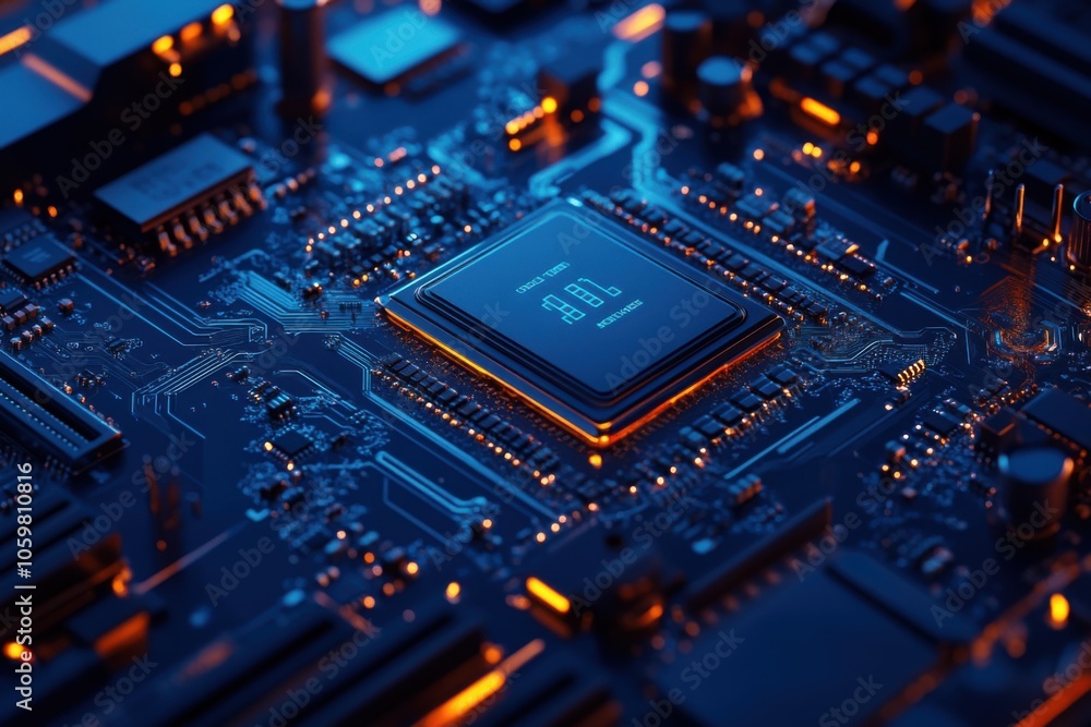 Obraz premium Circuit Board with Processor and Blue Lighting Detail